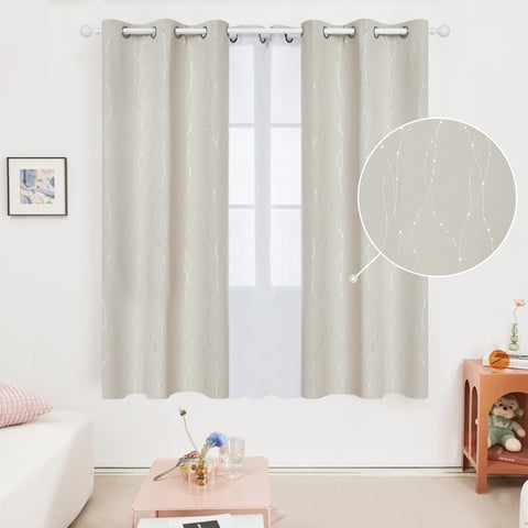 Deconovo Silver Printed Blackout Curtains - 2 Panels, Wave Dots Pattern, Grommet Top, 42"x63", Thermal Insulated Drapes for Bedroom & Living Room, Cream