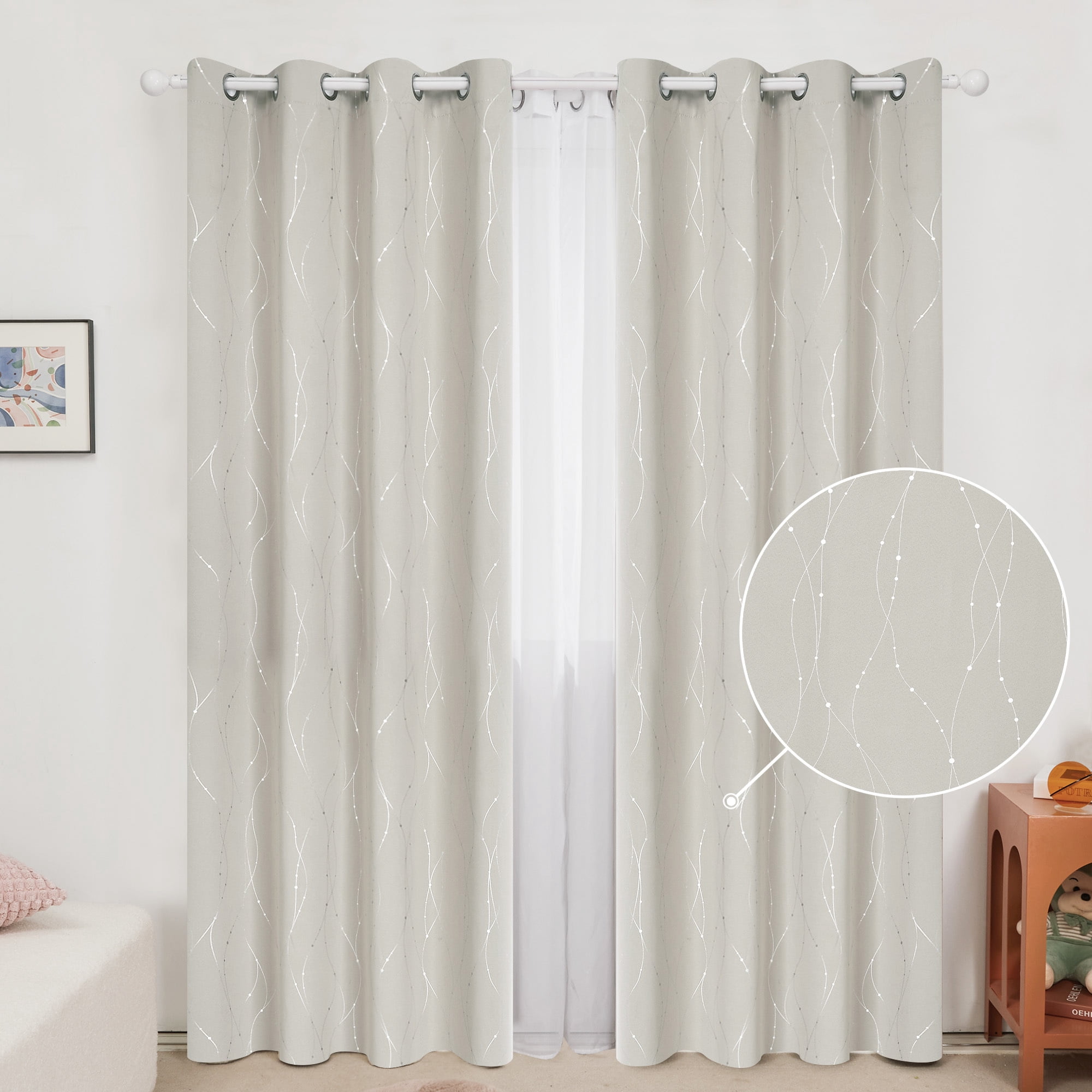 Deconovo Silver Printed Blackout Curtains - 2 Panels, Wave Dots Pattern, Grommet Top, 52"x84", Thermal Insulated Drapes for Bedroom & Living Room, Cream