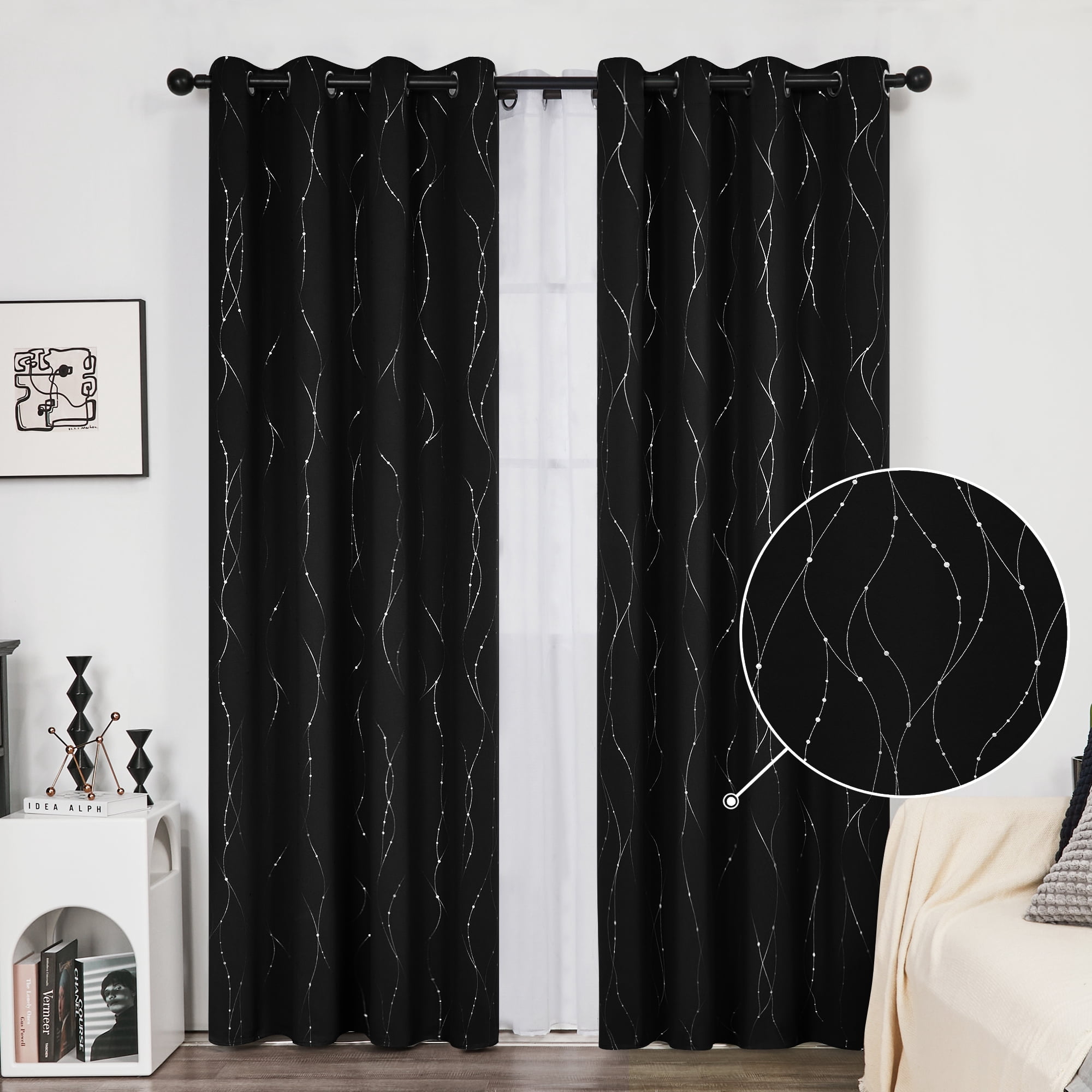 Deconovo Silver Printed Blackout Curtains - 2 Panels, Wave Dots Pattern, Grommet Top, 52"x84", Thermal Insulated Drapes for Bedroom & Living Room, Black