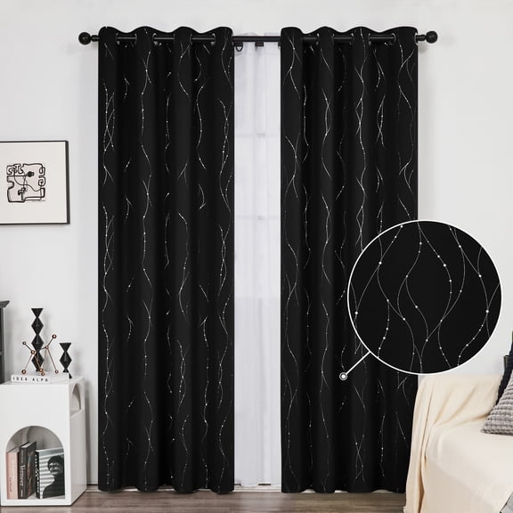 Deconovo Silver Printed Blackout Curtains - 2 Panels, Wave Dots Pattern, Grommet Top, 52"x84", Thermal Insulated Drapes for Bedroom & Living Room, Black
