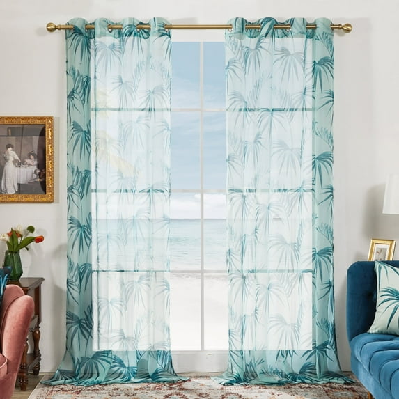 Deconovo Traditional light blue Floral Palm Tree Leaves Grommet Sheer Curtain, 52 x 84 in (2 Panels)