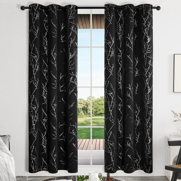 ZOPZO Blackout Curtains, Thermal Insulated, Black, 42W x 84L Inch, Room Darkening Drapes Tree Branches Pattern for Bedroom Modern Home