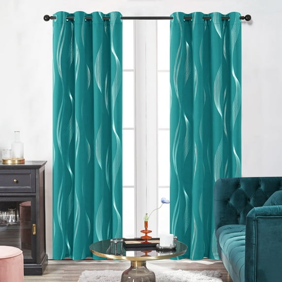 Deconovo Turquoise Wave Printed Blackout Curtains, Noise Reducing Energy Saving Grommet Curtains for Living Room (52 x 54 inch, Turquoise, 2 Panels)