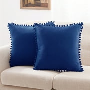 Deconovo Velvet Decorative Throw Pillow Covers 20x20 Square Outdoor Pillow Covers with Pom Poms for Chair, Bench, Navy Blue, Pack of 2