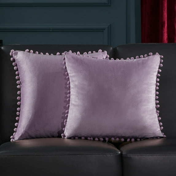 Deconovo Velvet Throw Pillow Covers Set of 2 Decorative Pillowcase Cushion Covers with Pom Poms for Living Room Bedroom 22 x 22 inch Lilac