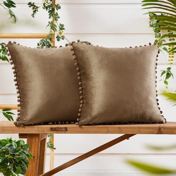 Deconovo Velvet Throw Pillow Covers Short Plush Pillow Cover Decorative Pom Poms Pillowcase Solid Cushion Cover for Bedroom, 20x20 inch, Khaki, 2 Pcs