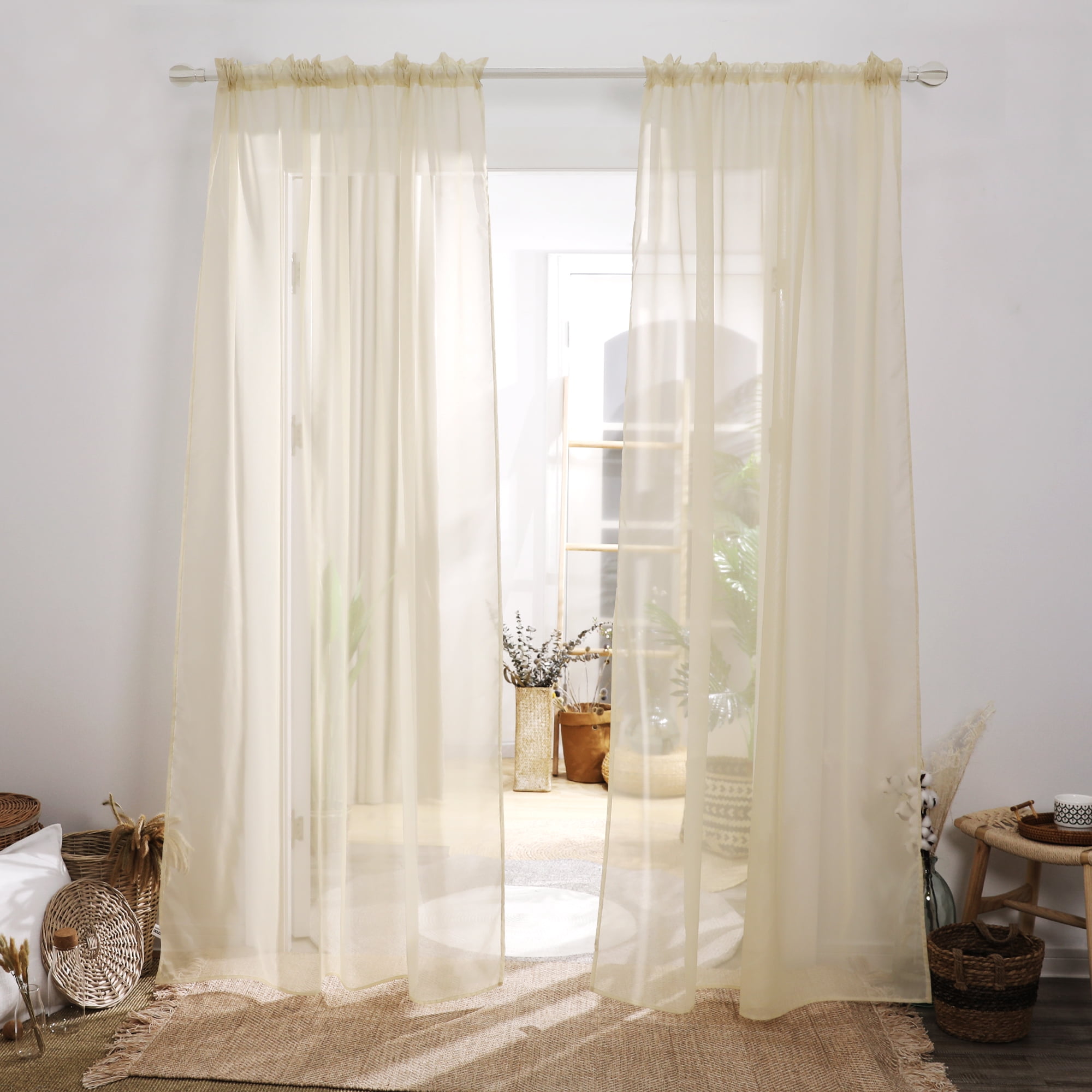 Deconovo Voile Sheer Curtains Solid Color Transparent Curtain Drapes for Kitchen 52x45 inch Beige 2 Panels