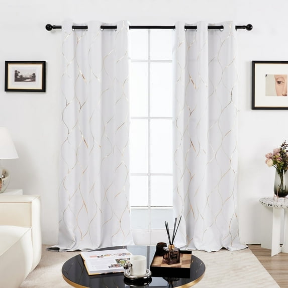 Deconovo White Blackout Curtains with Gold Foil Lines, 2 Panels, 42x63 inch for Living Room