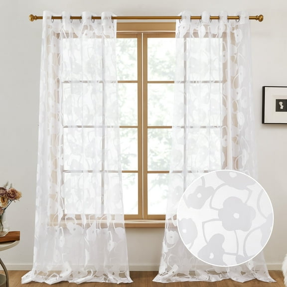 Deconovo Sheer Curtains Floral Burnout Grommet Panels for Living Room, 52 x 84 Inch, White
