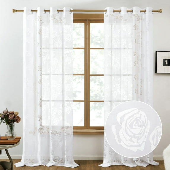 Deconovo White Grommet Sheer Curtains 84 inch Length 2 Panels,Voile for Bedroom, 52"x84", Rose Pattern