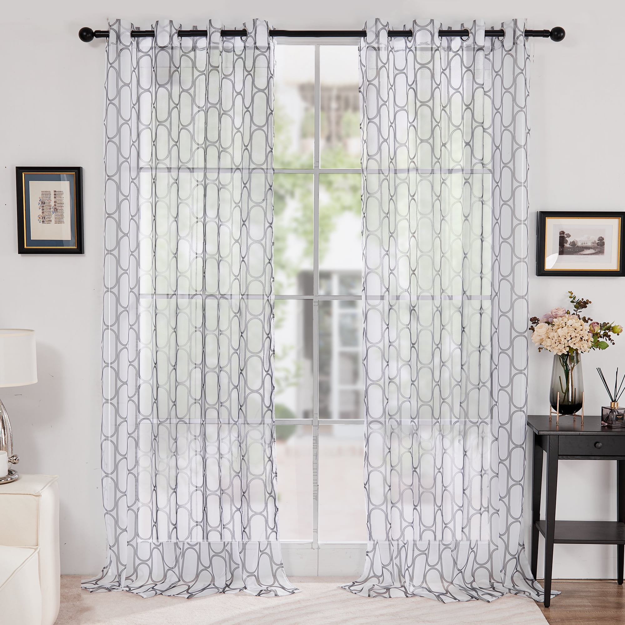 Deconovo White Semi Sheer Curtains with Gray Geometric Pattern, Grommet  Classic Sheer Curtains 52x63 inch, Voile Curtains for Bedroom, 2 Panels 