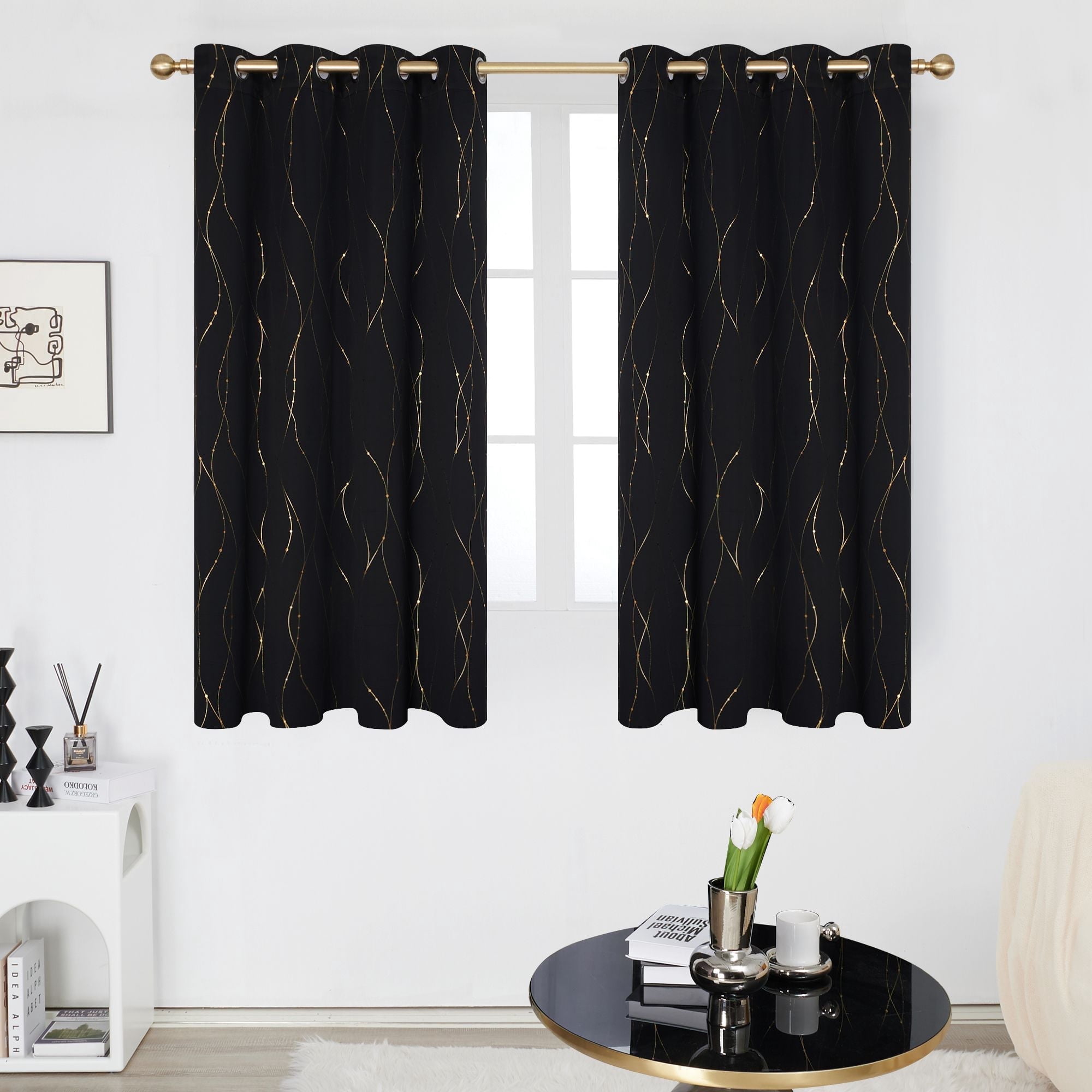 Deconovo Window Curtains Wave Line with Dots Gold Foil Print Design Grommet Blackout Curtains for Kitchen 52 x 45 inch Black 2 Panels