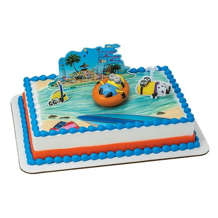 DecoSet Despicable Me Beach Party Minions Cake Topper, 4-Piece Set with Keepsake Minion Figure, 2 Layon Picks,1 Laydown Image, Create Fun Cakes or Cupcakes, Food Safe