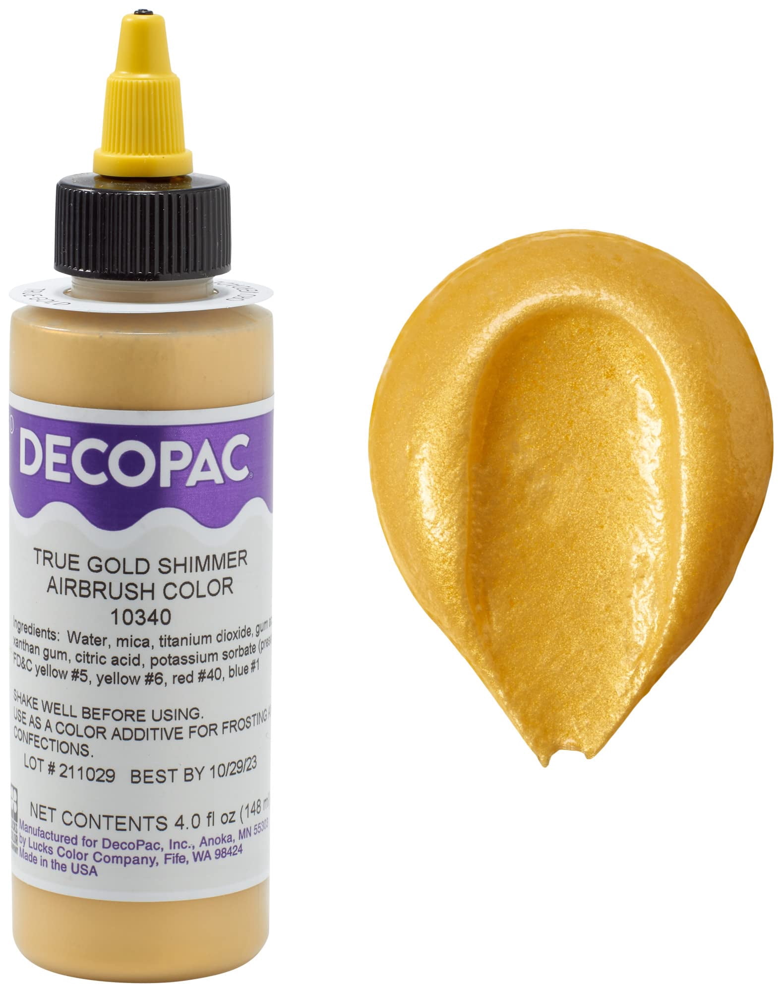 Decopac Premium Airbrush Color, True Gold Shimmer, Edible Airbrush Paint For Decorating Cakes, Cupcakes, And Cookies, Food Coloring, 4Oz