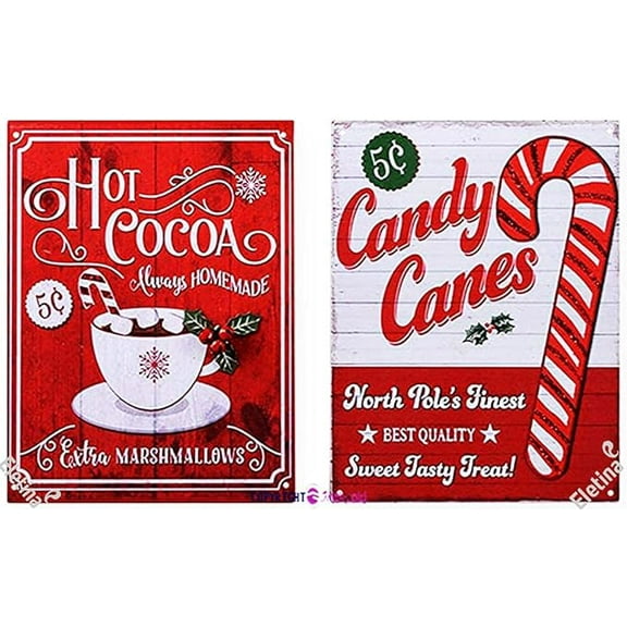 All Decor Advertisement Hot Cocoa and Candy Canes 12X 8 Christmas Sign Plaque Set of 2 Signs Aluminum Plates Printed Home Wall Decoration Vintage Metal Sign