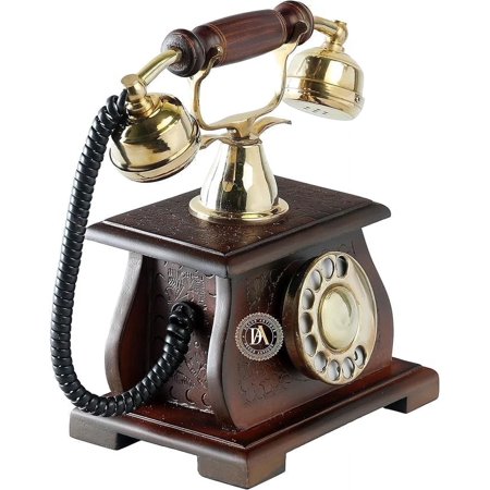 Decor Antique Victorian Vintage Antique Classic Phone with Wooden Base and Chrome Finish, Decorative Telephone Gift that Does Not Function, Brass Finish