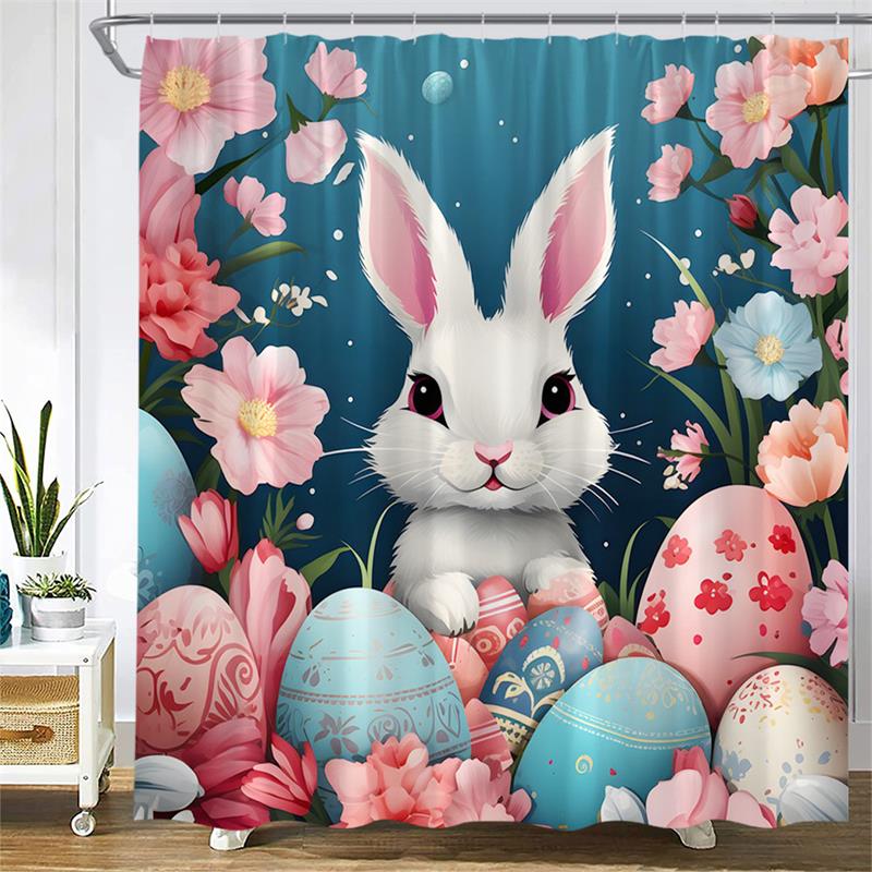 Decor Bathroom Cloth Curtains Bath Eggs Rabbit Bathing Flowers Plant