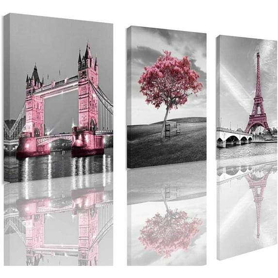 Decor for Bedroom for Girls Pink Paris Theme Room Decor Wall Art Canvas Black and White Art Eiffel Tower Pictures Decorations Tower Paris Eiffel Tower Painting Framed (12"x16"x3Panles)