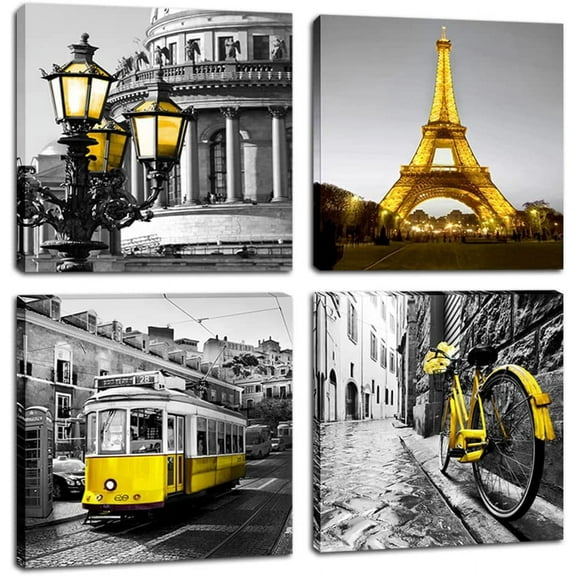 Decor Bedroom Paris Eiffel Tower Canvas Print Black and White Wall Art London Yellow Pictures Decoration Living Room Bathroom 12"x12"x4