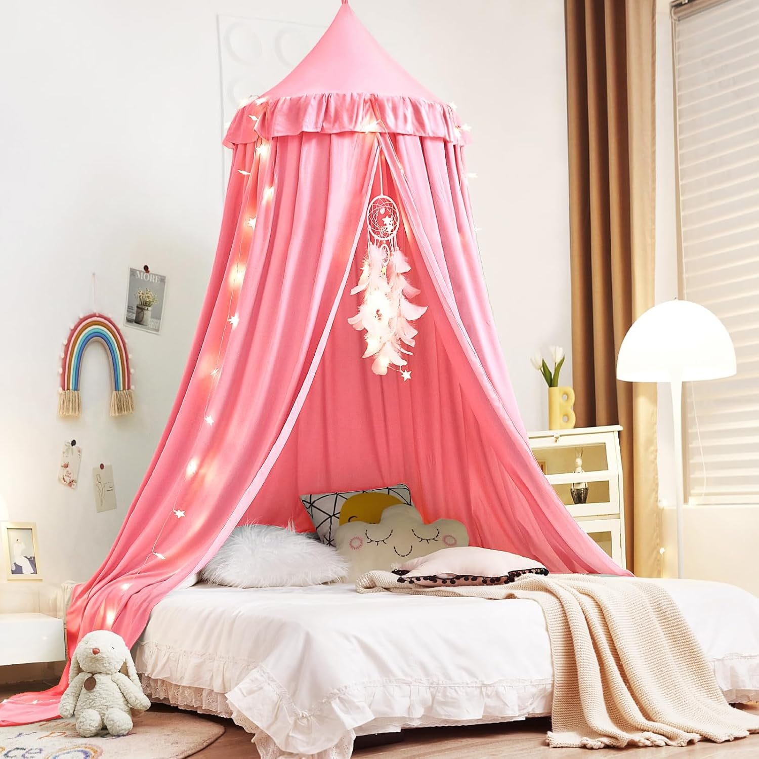 Decor Canopy for  Bed, Soft Smooth Playing Tent Canopy Girls Room Decoration Princess Castle, Dreamy Mosquito Net Bedding, Children Reading Nook Canopies in Home (Nordic Pink)