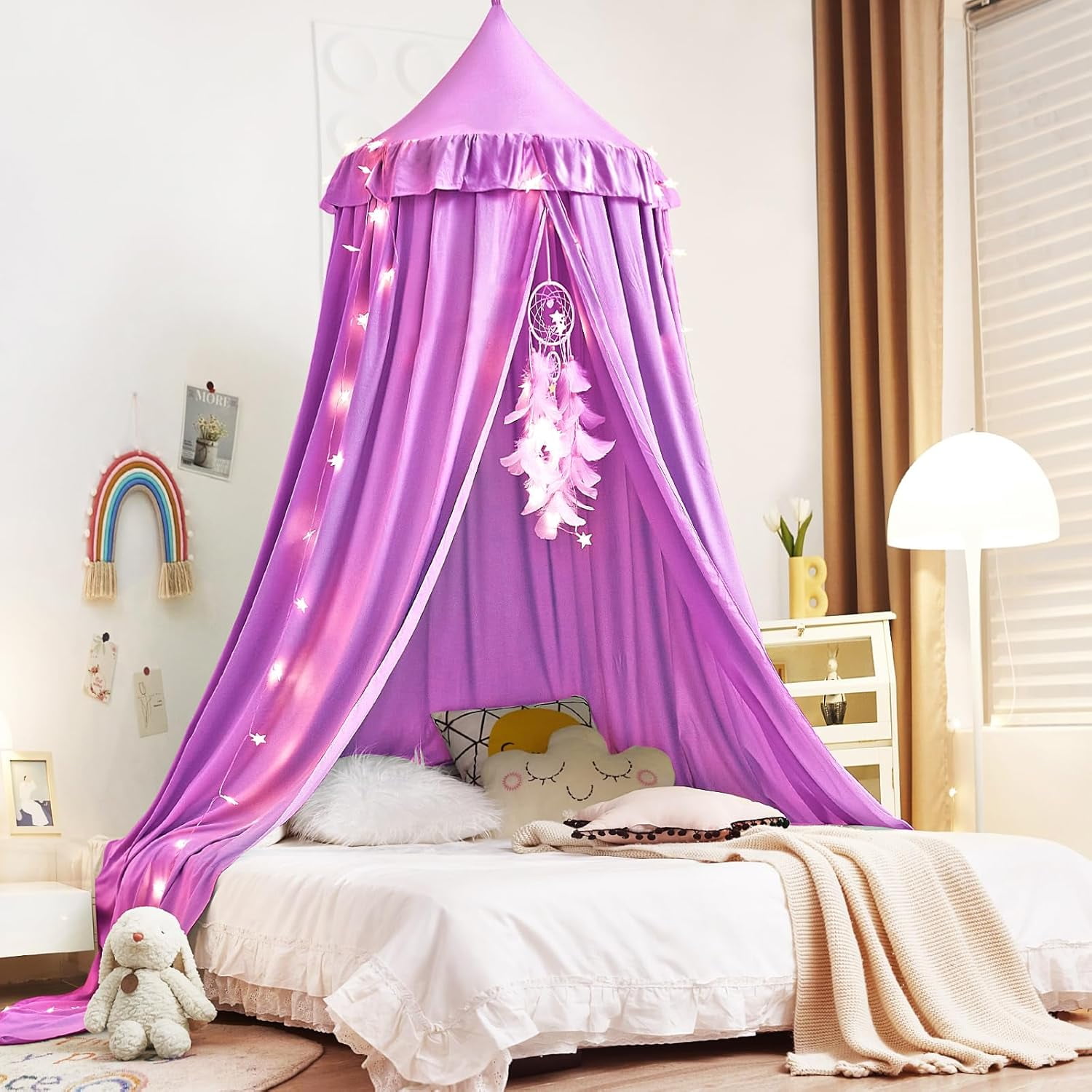 Decor Canopy for  Bed, Soft Smooth Playing Tent Canopy Girls Room Decoration Princess Castle, Dreamy Mosquito Net Bedding, Children Reading Nook Canopies in Home (Purple)