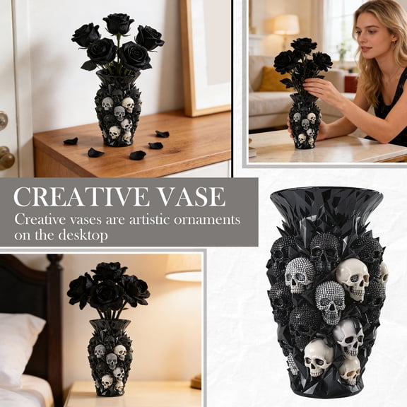 Decor for Desk Bedside Living Room, Gothic Skull Vase, Resin Goth Flower Vase Planter for Dried Flowers, Decorative Gothic Vases for Flowers, Crystal Skull Style Desktop Decor 5.91 Inch
