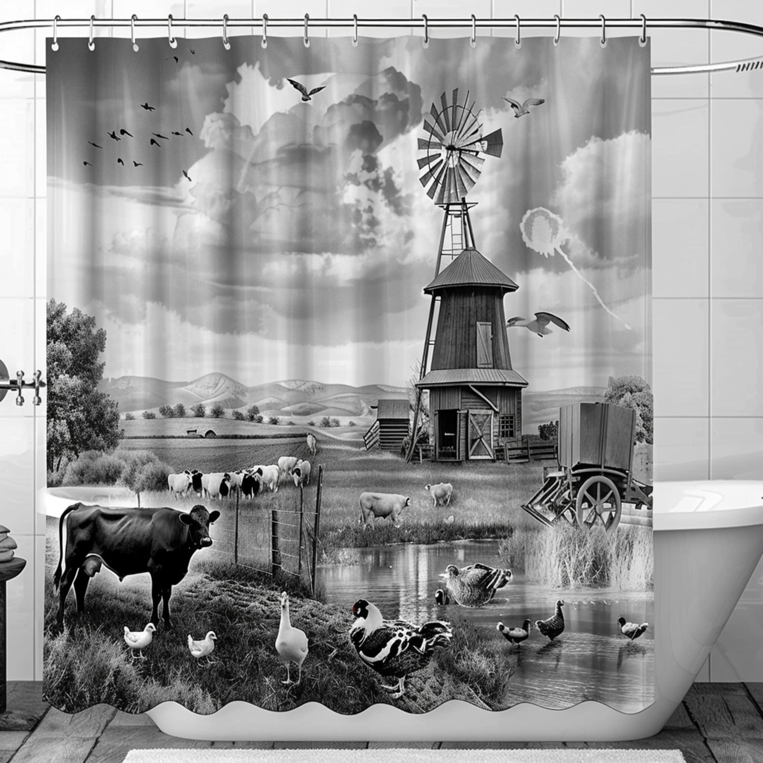 Decor Featuring Barn Windmill and Tractor Waterproof Vinyl Curtain for