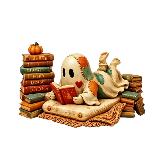 Decor Figurine Patchwork Ghost Reading Vintage Book Stack Halloween Home and Desk Decoration for Reading Nooks Book Shelves and Autumn Indoor Party Display