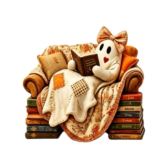 Decor Figurine Reading Ghost Figurine Vintage Patchwork Couch Design Cottagecore Halloween Indoor Decor for Bookshelf Desk and Reading Nook