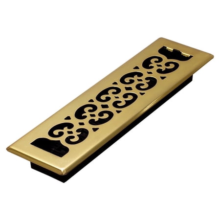 Decor Grates 2x12 Scroll Steel HVAC Floor Register Vent Cover, Adjustable Airflow Control, Polished Brass, 1 Pack