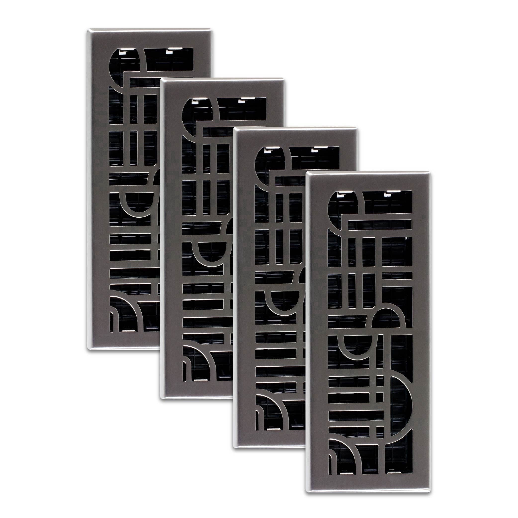 Decor Grates (4-Pack) 4x12 Art Deco Floor Register Vent Cover, Adjustable Airflow Control, Brushed Nickel (ADH412-NKL)
