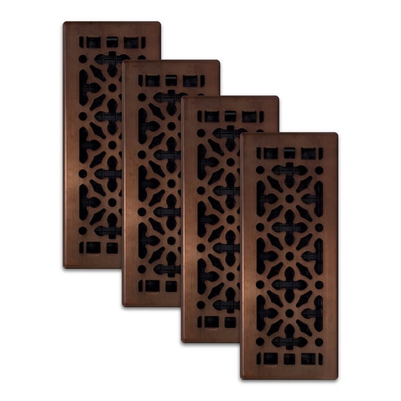 Decor Grates (4-Pack) 4x12 Gothic Steel HVAC Floor Register Vent Cover, Adjustable Airflow Control, Rubbed Bronze