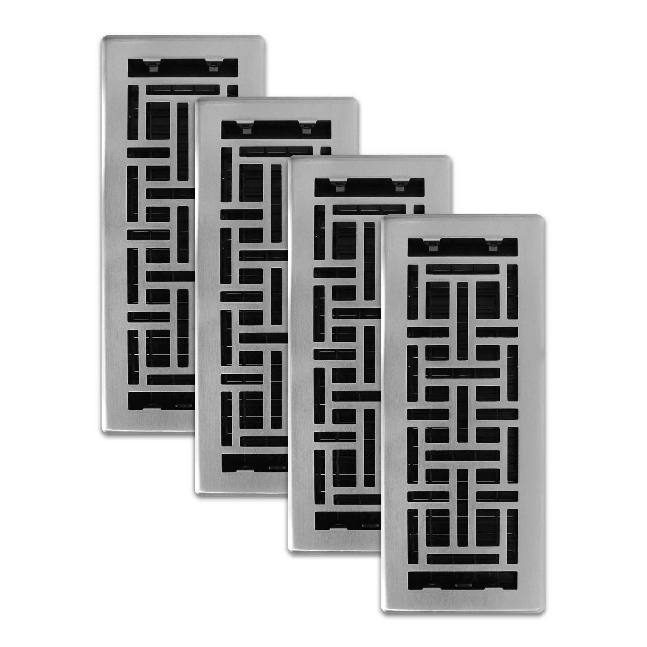Decor Grates (4-Pack) 4x12 Oriental Floor Register Vent Cover, Adjustable Airflow Control, Brushed Nickel (AJH412-NKL)