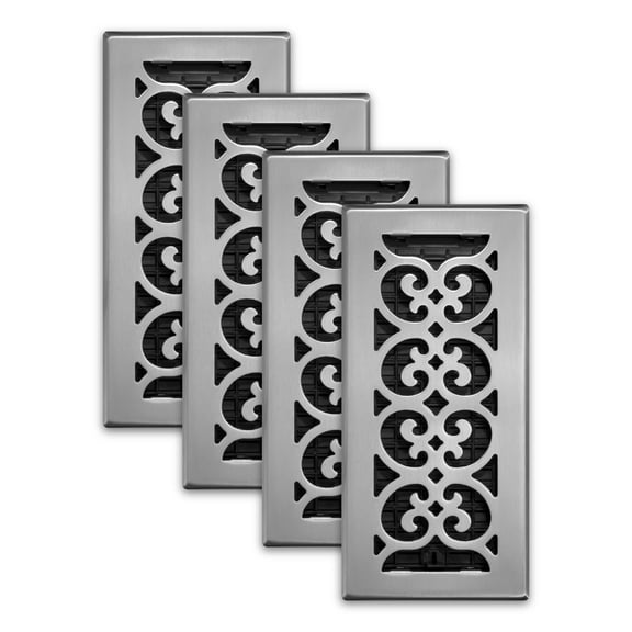 Decor Grates (4-Pack) 4x10 Scroll Floor Register Vent Cover, Adjustable Airflow Control, Brushed Nickel (SPH410-NKL)