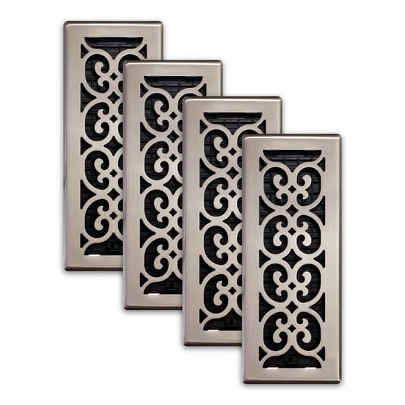 Decor Grates (4-Pack) 4x12 Scroll Floor Register Vent Cover, Adjustable Airflow Control, Brushed Nickel (SPH412-NKL)