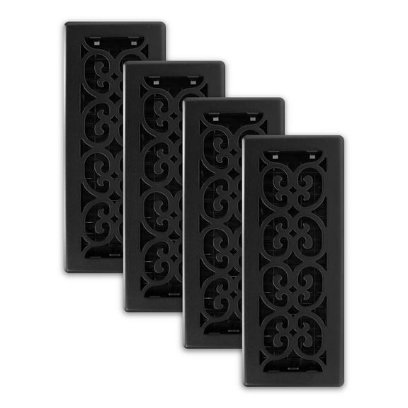 Decor Grates (4-Pack) 4x12 Scroll Design Floor Register Vent Cover, Adjustable Airflow Control, Textured Black (ST412)