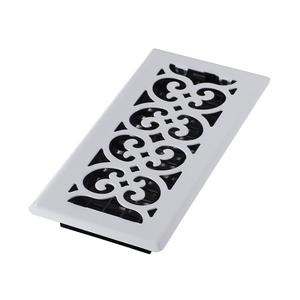 White Scroll Design Steel Floor Register, 4x10 Inch