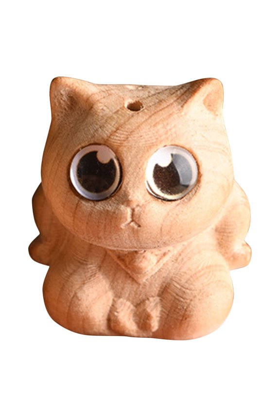 Retro Wooden Cat Keyring Pendant Beige Vintage Style for Home Decor