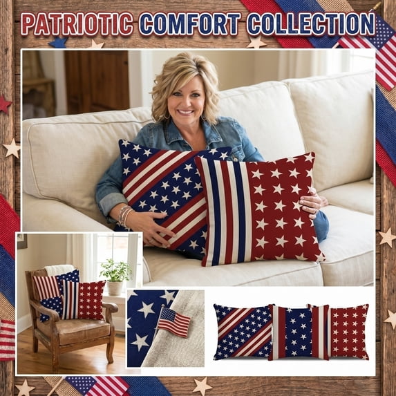 Decor for Living Room, Decorative Pillow Cover, Patriotic Decorations, Fourth of July Decor, 18X18 Inch Classic Diagonal Star Stripe Linen Flag Slipcover That Fits All Standard 18