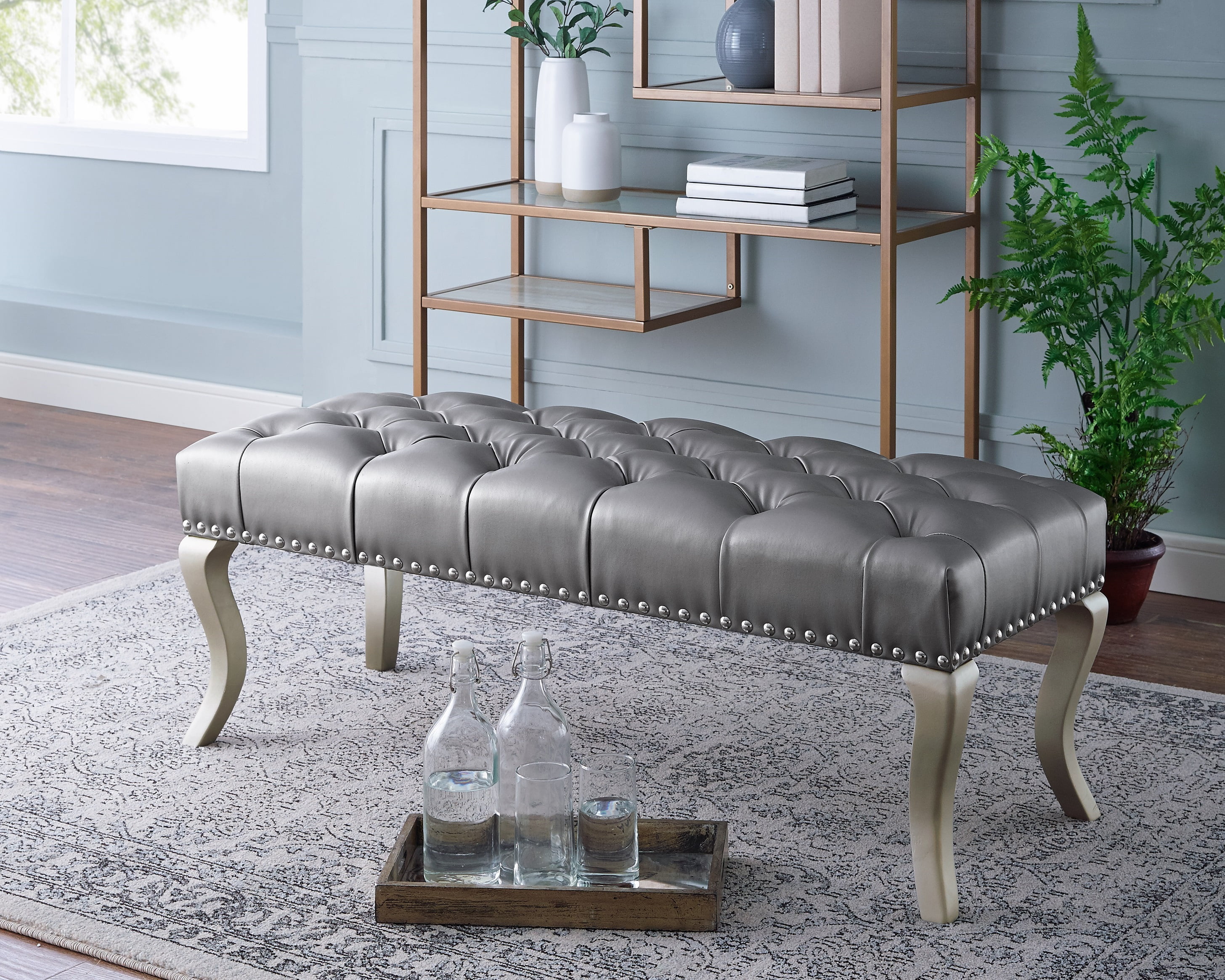 Decor Maxem Tufted FabricUpholstered Bench with Nailhead Trim - Walmart.com