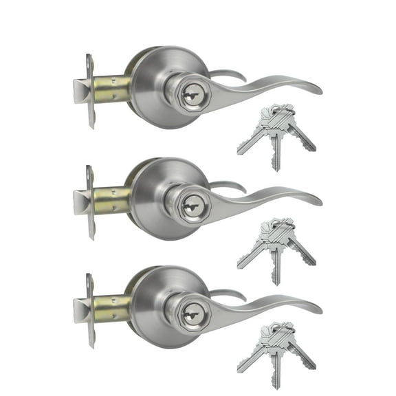 Decor Mo Wave Style Door Lever, Door Handle, Door Handleset, Door Lockset, Keyed-alike Entry Function, Exterior Interior Entry Lock with Keys, Satin Nickel, Left & Right Handed, 3 Pack