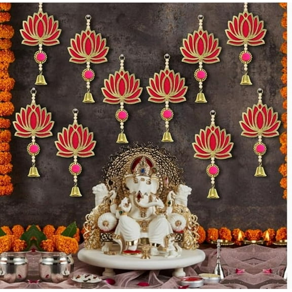 Decor Pack of 10 Wall Door Hanging Lotus and Latkan Toran with Bells (22.8 cm x 9.6 cm) - Main Door Entrance Pooja Room Temple Wedding Festival Decor - Diwali Decoration Items for Home Decor