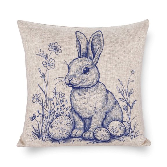 Decor Pillowcases Blue Easter Bunny with Eggs Cushion Pillow Cover 16"x16" Spring Rabbit Holiday Linen Pillow Cover for Sofa Couch