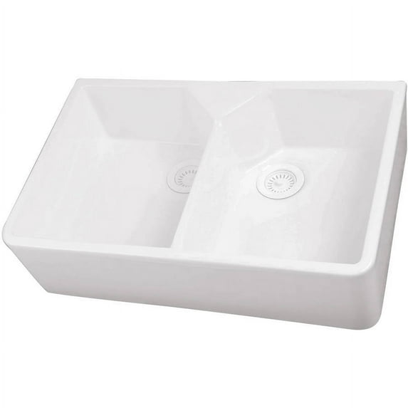 Decor Plumbing 31" Double Bowl Fireclay Farm Sink, 1-Hole, White