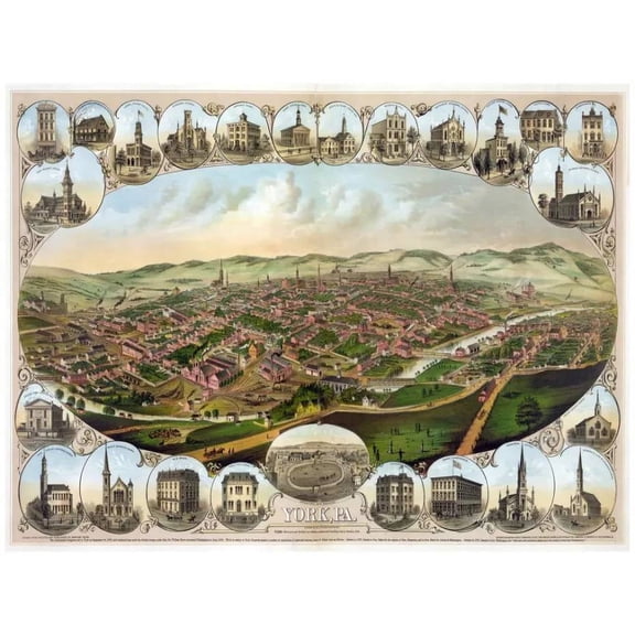 Decor Poster. Fine Graphic Art. York, PA panoramic view. Home Wall Design. 11 x 17 Inch Poster