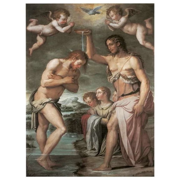 Decor Poster. Fine Graphic Religious Art. Baptism Scene. Home Wall Design 16 x 24 Inch Poster
