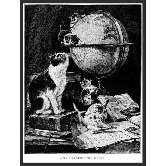 .Decor Poster.Room Interior design vintage wall.Victorian cats on the map 24 x 36 Inch Poster