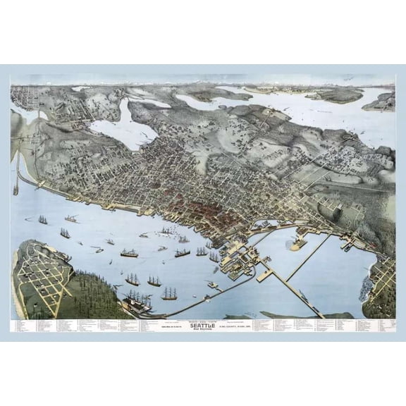 .Decor Poster.Room wall.Home art design. Seattle aerial view map 11 x 17 Inch Poster