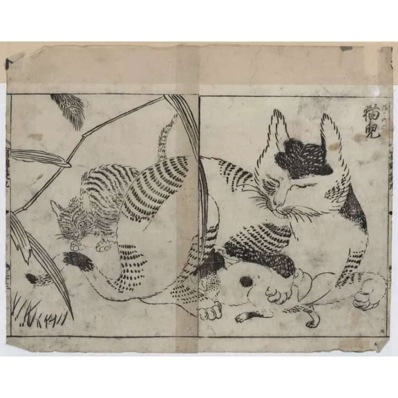 .Decor Poster.Room wall.Home vintage art design.Japanese cat drawing.Orient 11 x 17 Inch Poster