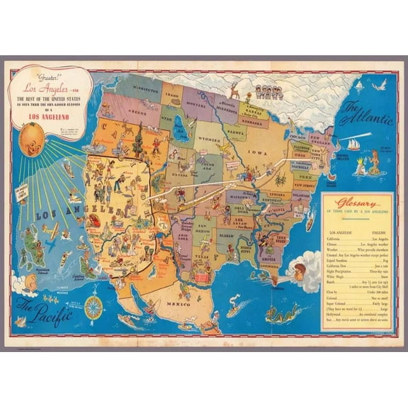 .Decor Poster.Vintage Interior wall design. How California see America 24 x 36 Inch Poster